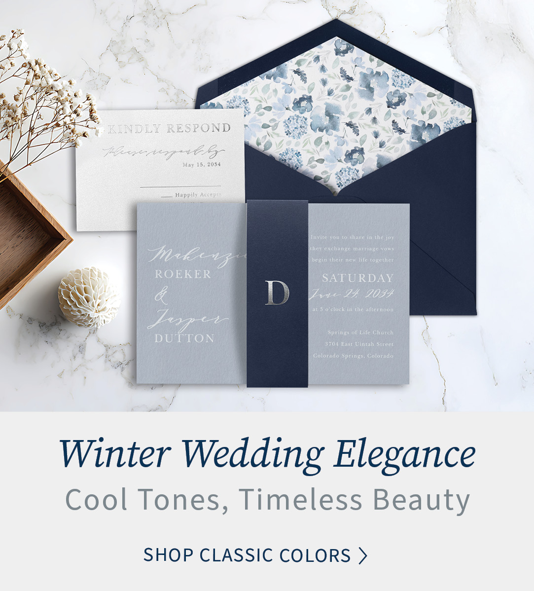 Winter Wedding Elegance. Cool Tones, Timeless Beauty.